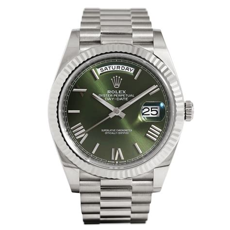 rolex day date white gold anniversary green dial|Rolex 8385 18k white gold.